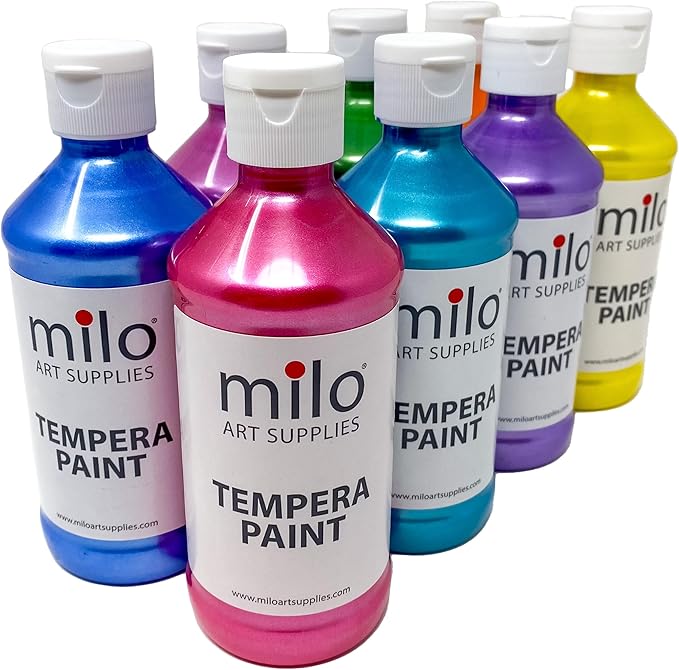 milo Washable Paint | Sparkle Pearlescent Tempera | Set of 8 Colors 8 oz Bottles | Made in the USA | Washable and Non-Toxic Glitter Arts & Crafts Poster Paints for Classroom, School, Project