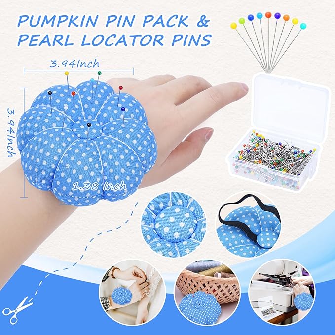 eZAKKA 341 PCS Sewing Pin Cushion Kit, Pumpkin Wrist Pin Cushion for Sewing Clips Sewing Pins, Needle Threaders, Small Scissors, Seam Ripper Soft Tape Measure for Decoration