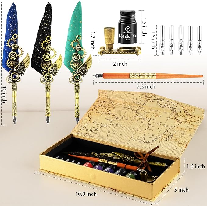 Quill Pen and Ink Set, Calligraphy set includes feather quill pen, Wooden Dip Pen, 5 Color Ink, 5 Replaceable Nibs, Pen Holder,Vintage Calligraphy Pens for Beginners and Calligraphy Lovers (Black)