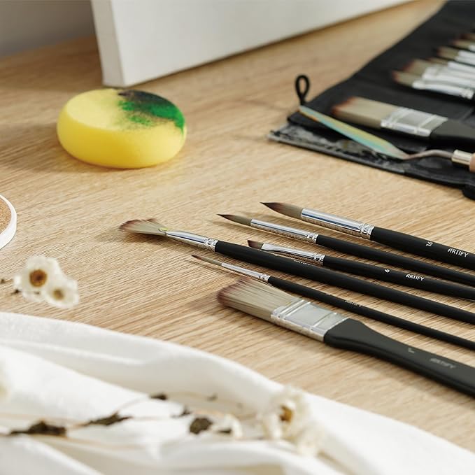 ARTIFY 25 Pieces Professional Paint Brush Set – Expert Series Synthetic Nylon Brushes for Acrylic, Oil, Watercolor, Gouache – No Shedding, Canvas Roll Case & Palette Knife, Artist Gifts Art Supplies
