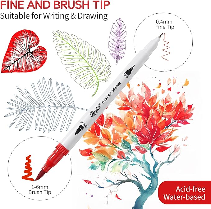 Dual Tip Art Markers Pens for Adult Coloring Books Artist Fine and Brush Tip Colored Pens Water-color Pens for Journaling Note Taking Writing Planning Art Project