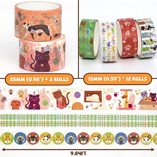 Cute Washi Tape Set - 14 Rolls Kawaii Animals Decorative Masking Tape,Adhesive Tape for Bullet Journal,DIY Craft,Scrapbooking Supplies,Gift Wrapping,Party Decoration