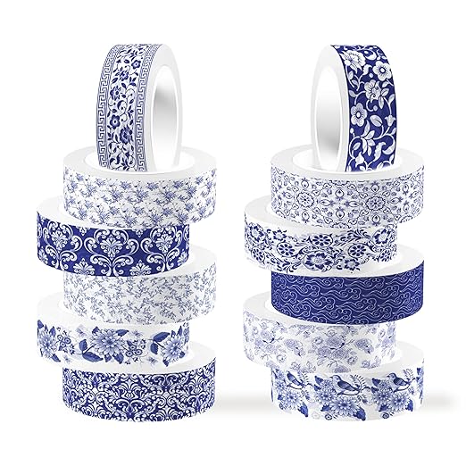 12 Pcs Blue and White Porcelain Washi Tape Set Chinoiserie Patterned Masking Tape Porcelain Pattern Decorative Paper Sticker for Scrapbook DIY Craft Gift Wrapping Handbook Sticker