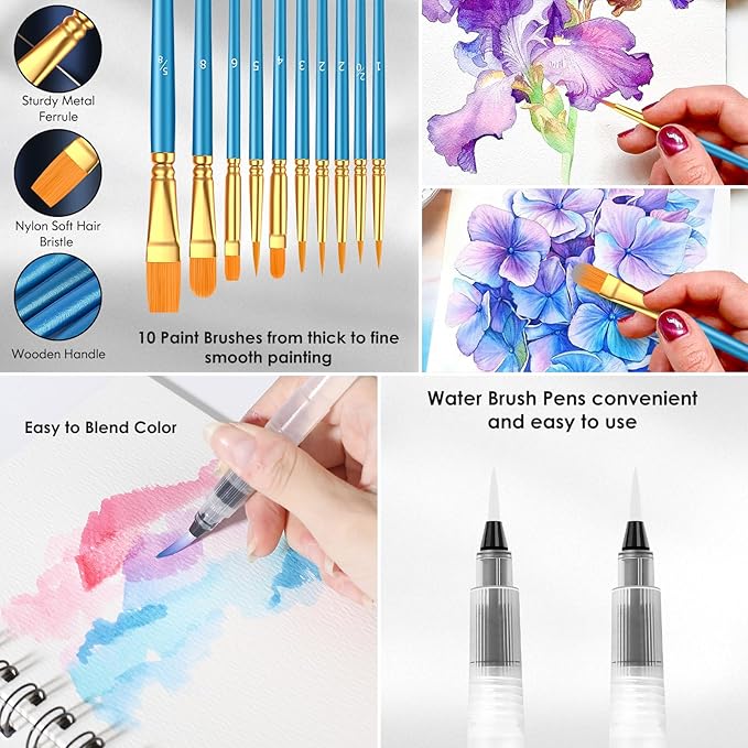 Taotree Watercolor Paint Set, 48 Colors Watercolors Kit Water Colors with 10 Paint Brushes, Brush Pens, Palette, Drawing Pad, Painting Supplies, Christmas Gifts for Adults Artist Drawing, Painting