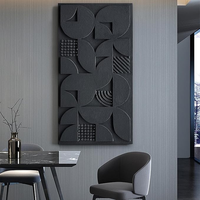 NANKAI Art 24x48 inches Hand-Painted Black Three-Dimensional Textured Abstract Contemporary Minimalist Style Canvas Oil Painting. Decorative Wall Painting for Home, Office or Corridor