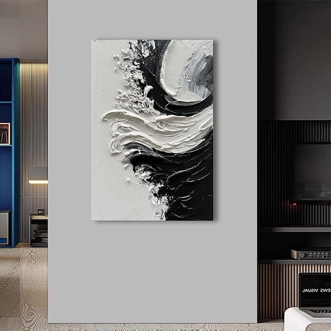 NANKAI Art Hand-Painted Thick Textured White and Black Minimalist Oil Painting Home Wall Art Deco 36x24 inches