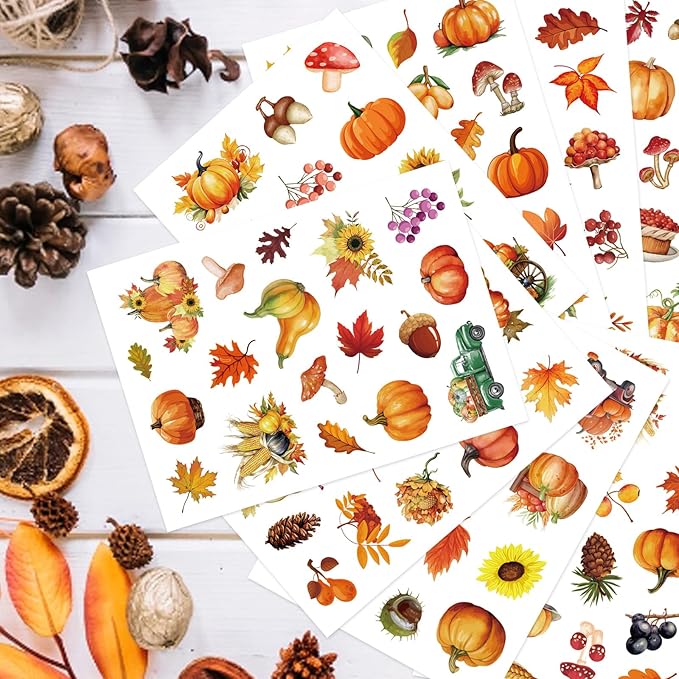 32 Sheets Fall Theme Sticker, Pumpkin Stickers, Hello Autumn Sticker, Thanksgiving Stickers for Kids, Fall Harvest Food Pumpkin Maple Leaves, Thanksgiving Party Favors Supplies