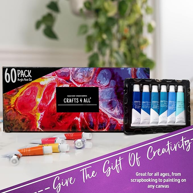 Acrylic Paint Set for Adults and Kids - 60 Pack of 12mL Paints with 3 Art Brushes, Non-Toxic Craft Paint for Easter Eggs, Ceramic Rock Paint - Art Supplies