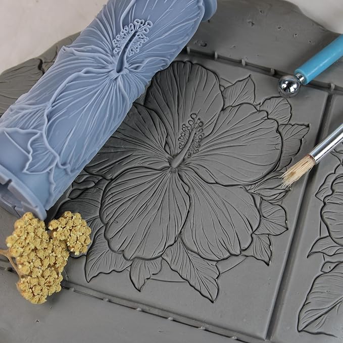 Hibiscus Clay Texture Roller (4") - Flower Set #01 - Embossing Pattern Roller for Polymer & Ceramic Clay, Pottery & Crafts