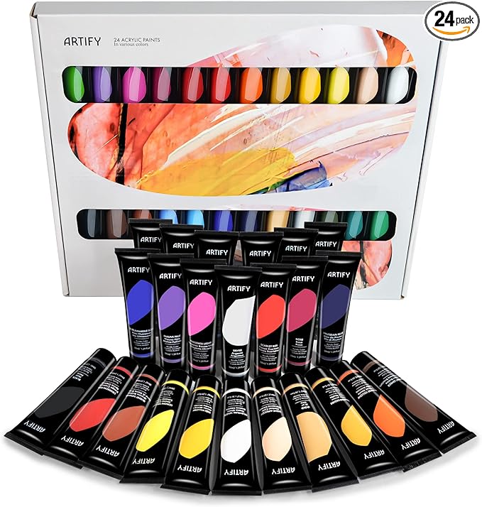 ARTIFY Acrylic Paint, Set Of 24 Color (1.29 oz, 38ml) with a storage box, Rich Pigments, Non Fading, Non Toxic Paints for Artist, Hobby Painters & Kids, Art Supplies for Canvas Painting