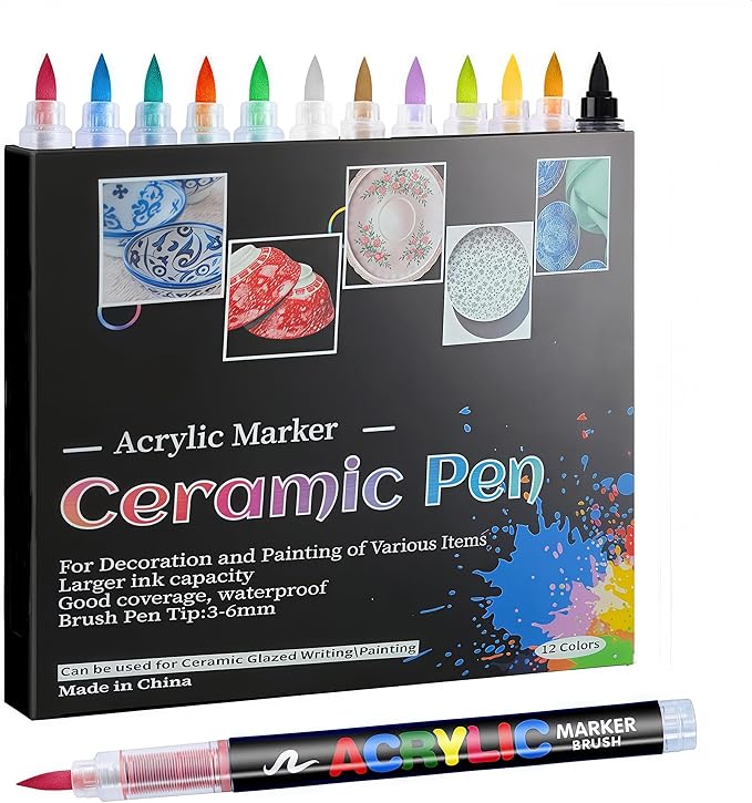 Acrylic Marker Ceramics Pens Ceramic Paint Brush Pen for Christmas Decorations Porcelain Mugs Both Glazed Christmas Decoration Unglazed Ceramics Permanent Marke(12 Colors) for Adults