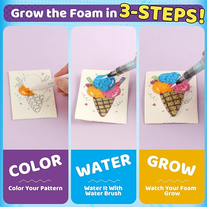 70PCS Magic Foam Texture Painting Kit, Magic Puffy Paint Kit with 30 Foam Texture Paper, 24 Colors Acrylic Paint Markers, Hole Punch Mini Display Stand, 3D Painting Craft Gift for Birthday, Christmas
