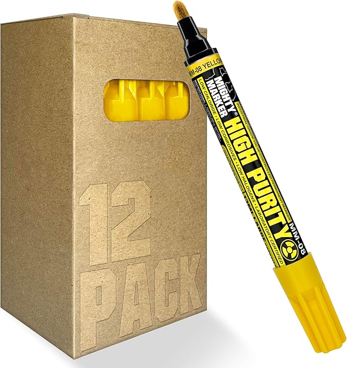 High Purity MM-08 Dual Tip Marker, 13ml Lab-Tested Paint, Dual Cone/Chisel Tip, Low Corrosive, Low Halogen & Chloride, Certificate & Lab Analysis Included, Made in USA - Yellow 12 Pack
