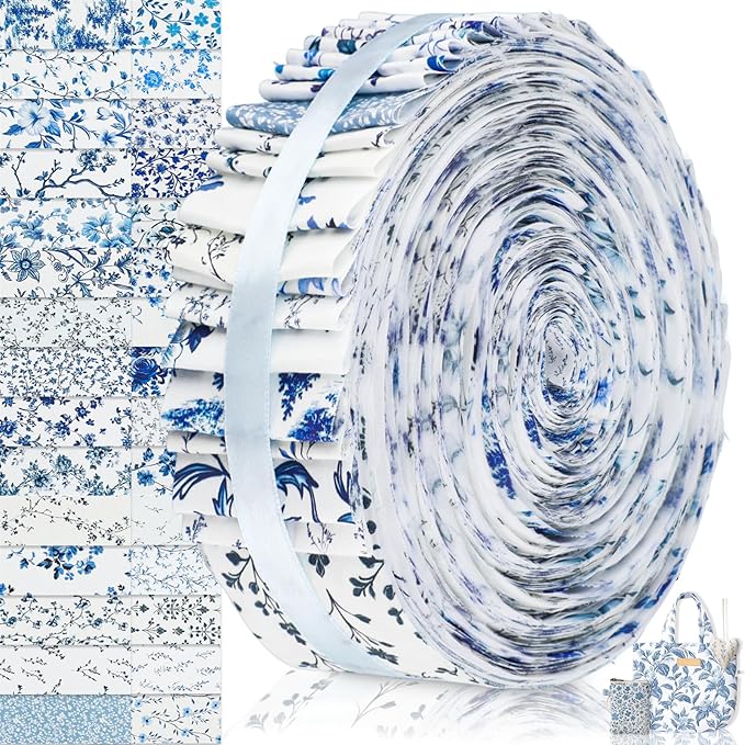 60 Pcs Christmas Quilting Fabric Roll 2.6 x 40" Cotton Fabric Strips Precut Jelly Patchwork for Craft Sewing(Chinoiserie)