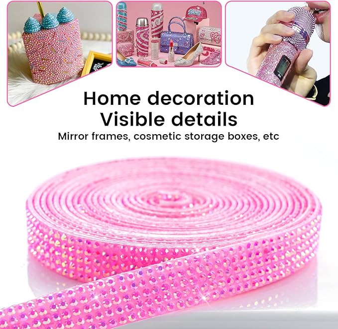 Novani Self Adhesive Rhinestone Ribbon, 0.39 Inch Wide 3 Yards 1 Roll, Hot Pink AB Crystal Diamond Bling Strips for DIY Crafts, Glitter Resin Rhinestones for Crafting, Car Decoration