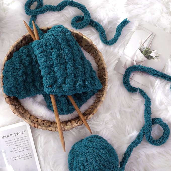 Hombys Indigo Chunky Chenille Yarn for Hand Knitting & Crocheting - Super Bulky Big Yarn for Chunky Blanket