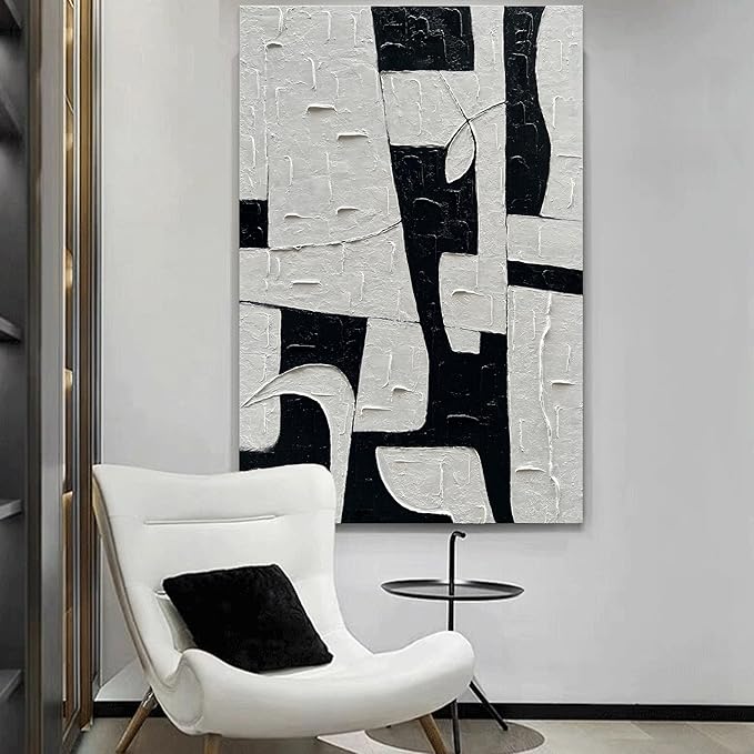 NANKAI SRT Hand Painted Black and White Minimalist Art Oil Painting Modern Abstract Painting 45x30 inch Home Wall Art Decorative Oil Painting