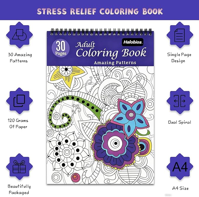 Adult Coloring Book Set with 36 Dual-Tip Markers, 30 Patterns Spiral Bound Coloring Book for Adults Relaxation, Crafts for Adults Women, Anxiety Relief Mindfulness Relaxation Gifts for Adult