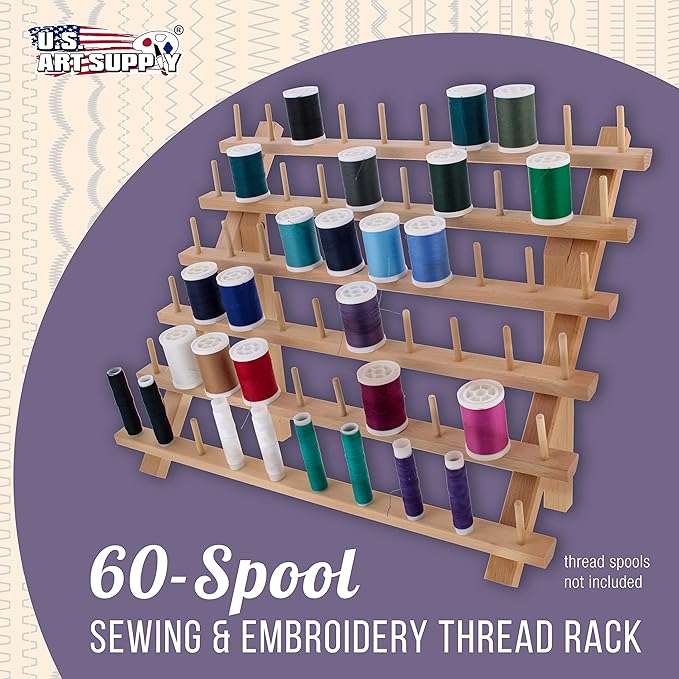 US Art Supply Premium 60-Spool Thread Holder: Wooden Sewing & Embroidery Thread Storage Organizer