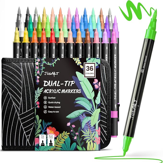 JusArt 36 Colors Acrylic Paint Markers Set with Canvas Bag, Dual Tips with Brush Tip & Fine Tip, No-Bleed, Waterproof, Non-Toxic & Odorless Paint Pens for Rock, Egg, Wood, Canvas, Glass, Ceramic, DIY