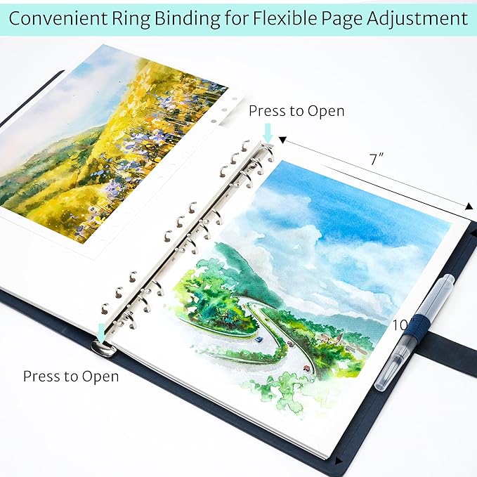 Vienrose 11" x 9" 3 Ring Watercolor Sketchbook, Faux Leather Cover Professional Art Journal with Detachable 24 Sheets 48 Pages, Ideal for Water Coloring, Sketching, Painting, Navy
