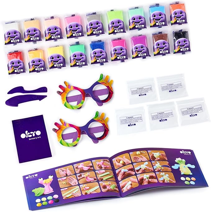 Okto Air Dry Clay for Kids – 18 Colors Foam Clay Set – Non-Sticky, Dries in ~24 Hours – Sculpting Tools, Fun Glasses, Storage Bags & Photo Guide – Sensory Craft Kit