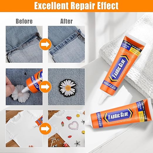 2 Pack Fabric Glue Permanent, 60ML/2.02oz Washable Clear Clothing Glue, Super Fabric Adhesive for Rhinestones, Patches, Clothes, Denim, Leather, Polyester, Fabrics, Doll Repair, Flannel, Cotton