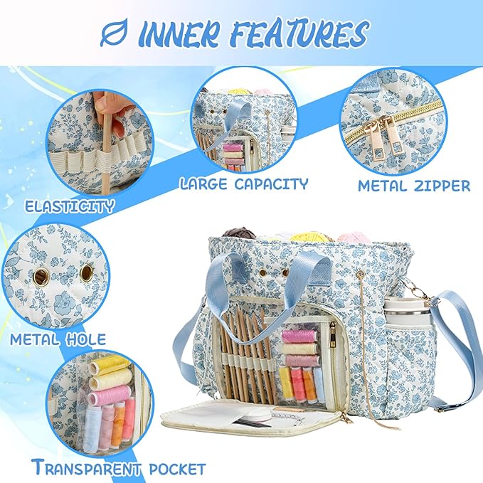 SilTriangle Large Blue Floral Quilted Crochet Knitting Bags and Totes Organizer Cotton Yarn Hook Bag Holder Christmas Corduroy Gift for Crochet Lover Crocheting Accessories, Needle with Zipper, Size M