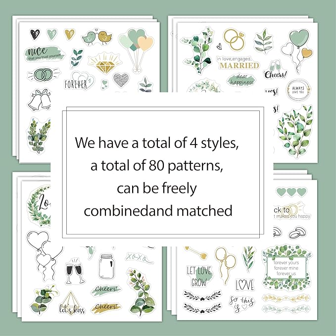4Sheets Green Wedding Celebration Stickers for Bridal Scrapbooking, Pastel Watercolor Self-Adhesive Waterproof Wedding Stickers for Letters,Envelopes,Bridal Shower,Anniversary Invitations,Guestbook