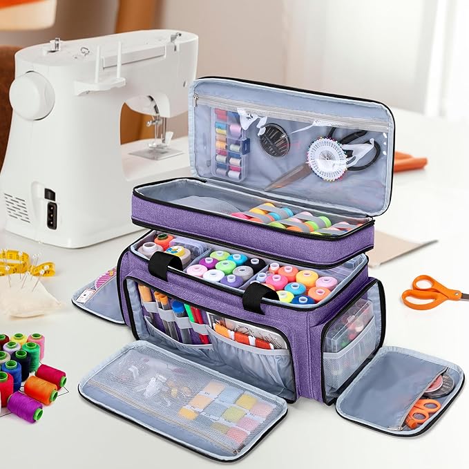 LUXJA Large 2 Layers Sewing Organizer Bag with 5 Detachable Dividers, Sewing Storage Bag for Sewing Supplies, Purple