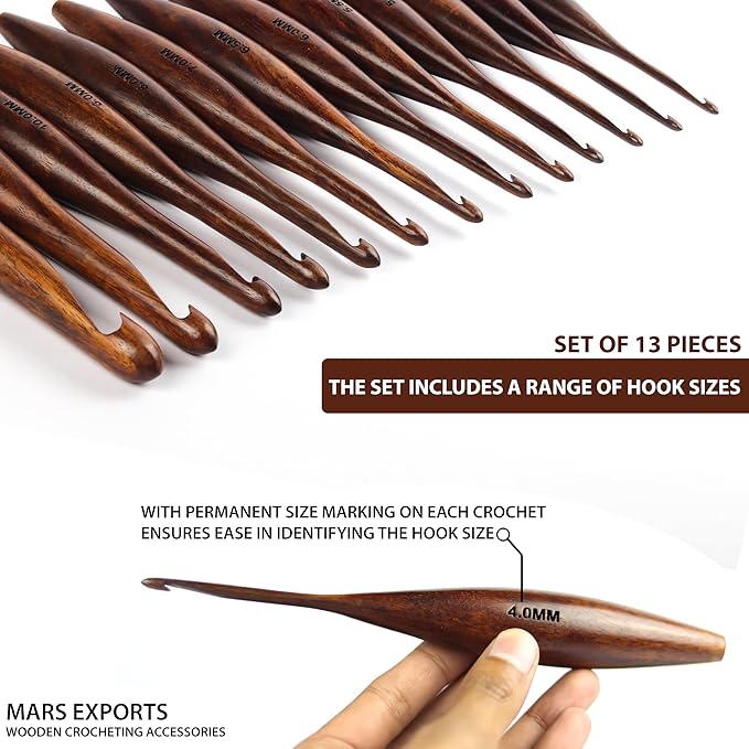 13 Pieces Premium Wooden Crochet Hooks, Crochets Hooks Set for Knitting and Crocheting - Rosewood Knitting Needles (Dolphin)