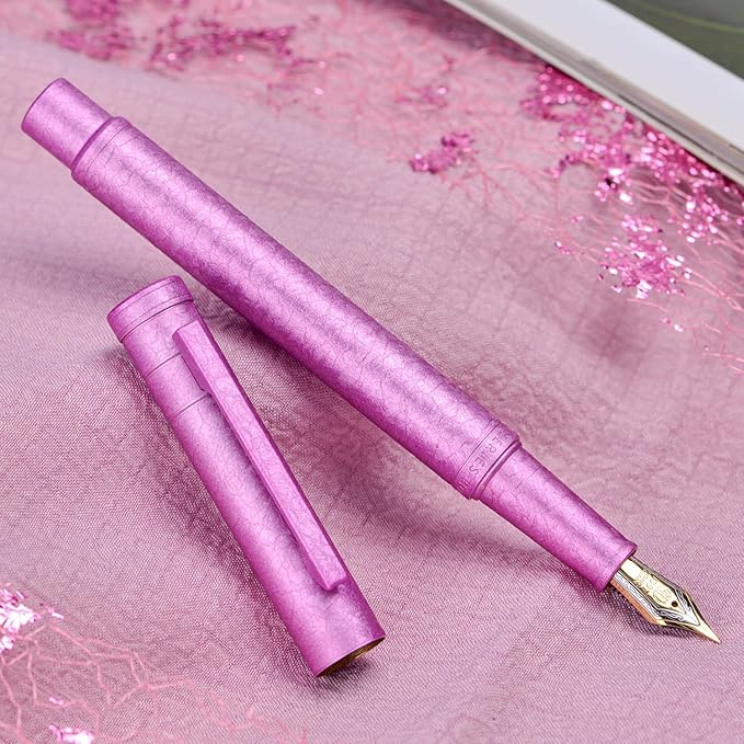 Hongdian 1851 Forest Fountain Pen Pink Ice Flowers, Blade Nib Classic Design Calligraphy Pen with Converter and Metal Pen Case