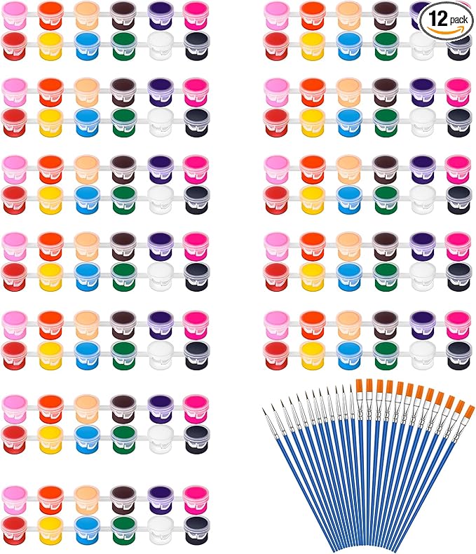 12 Pack 168 Pcs Mini Acrylic Paint Set with Brushes for Kids Adults Craft Paints, 12 Colors Washable Acrylic Paint Strips for Home Classroom Birthday Party DIY Favors