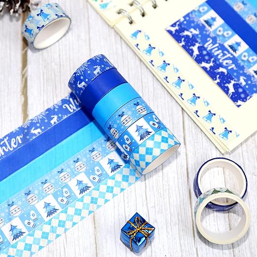 Winter Washi Tape Set,12 Rolls Blue White Holiday Decorative Tape Snowflake Xmas Tree Bell Reindeer Masking Tape for Journaling Supplies,Journal,Scrapbooking,DIY Arts & Crafts, Gift Wrapping