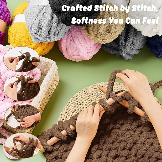 Inhand 18 Pack Chunky Chenille Yarn for Crocheting–30.6 Yards, 7.7oz, Soft Fluffy Thick Yarn,Gifts for Men/Women Birthday Christmas Unique,Hand Knitting for Blankets&DIY Crafts (Coffee)