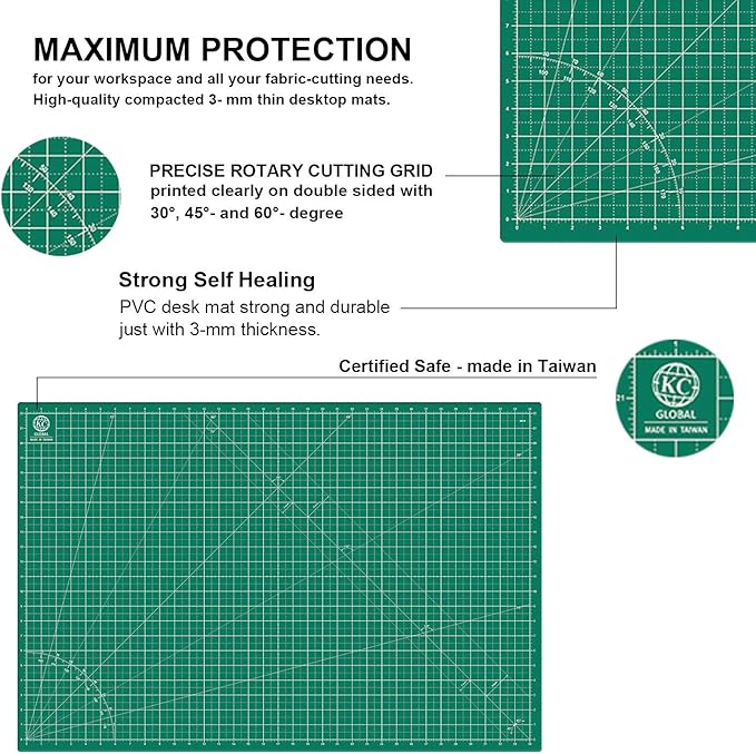 KC GLOBAL A4 (12"x9") Self-Healing Cutting Mat (Dark Green) - Sturdy, Reversible, Eco-Friendly, Non-Slip. Premium Desk Mat for Crafters, Quilters, and Hobbyist