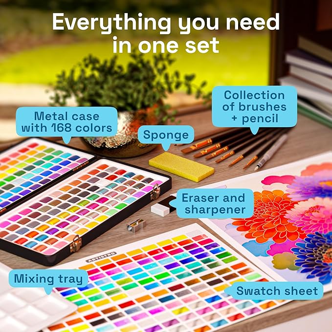 ARTISTRO 168 Watercolor Paint Set, Vivid Colors in Portable Box, Palette set. Perfect Travel Watercolor Set for Artists, Amateur Hobbyists and Painting