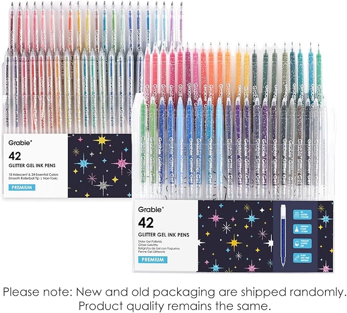 Grabie 42 Capped Glitter Gel Pen Set, 18 Iridescent&24 Essential Color Pens, Smooth Rollerball Tip, Metallic Sparkly Gel Pens for Coloring, Set of 42 Gel Pens Colored