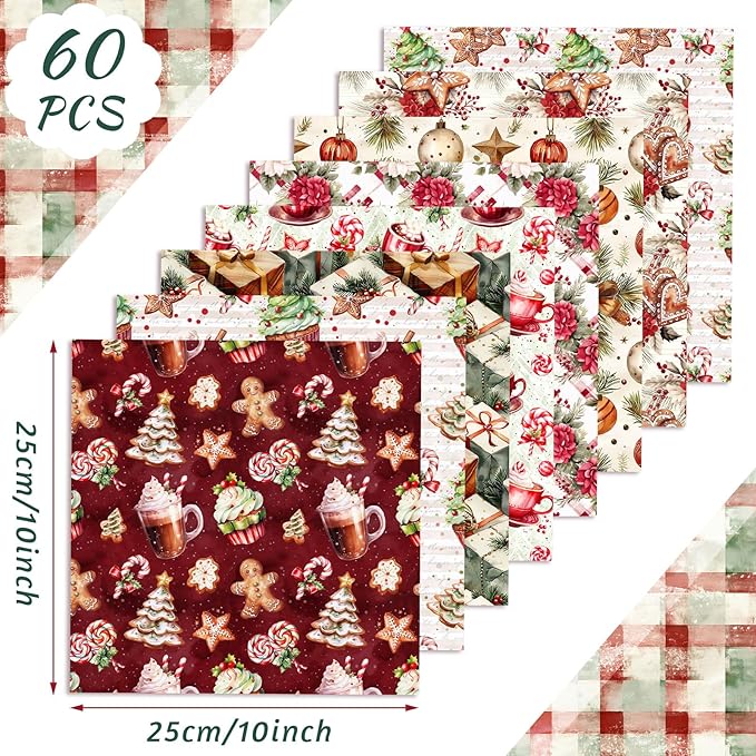 Oudain 60 Pcs 10 x 10 Inch Gingerbread Man Quilting Fabric Squares Vintage Christmas Fat Patchwork Precut Strips Candy Cane Fabric Bundles for Xmas DIY Craft Sewing Handmade Materials