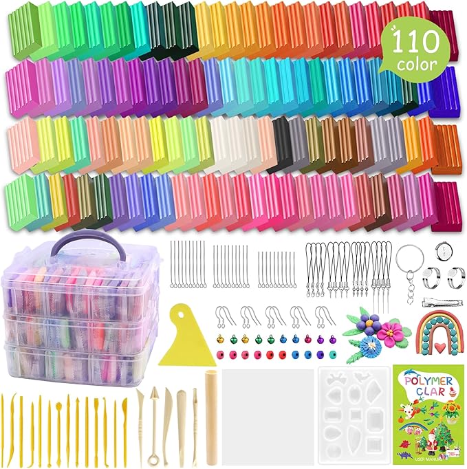 Polymer Clay 110 Colors Non-Sticky Oven Bake Clay 215 Pcs Non-Toxic Modeling Baking Clay for Kids with Sculpting Tools Kit for Adults Beginners Art Craft