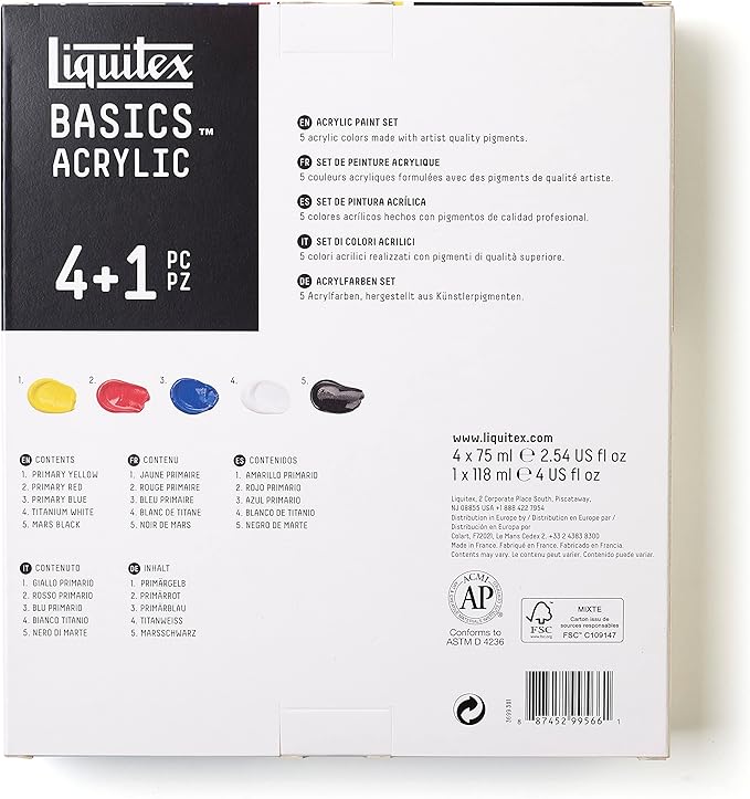 Liquitex BASICS Acrylic Paint Set, 4 x 75ml (2.4-oz), 1 x 118ml (4-oz) Essentials Paint Set