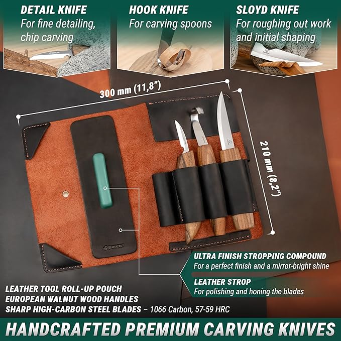 BeaverCraft Spoon Carving Kit Whittling Knives Spoon Carving Knife Sloyd, Chip Small Detail Knife, Hook Knife - Spoon Carving Tools Wood Carving Kit & Leather Strop Whittling Knife Set Deluxe S13X