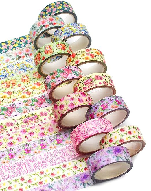 Benvo 12 Rolls Floral Washi Tape 15 mm Wide Flower Masking Tape Decorative Paper Tape for Journals, Scrapbooks,Vision Boards, Planners, Envelope DIY(5m Long Each Roll, 12 Flowers Pattern B)
