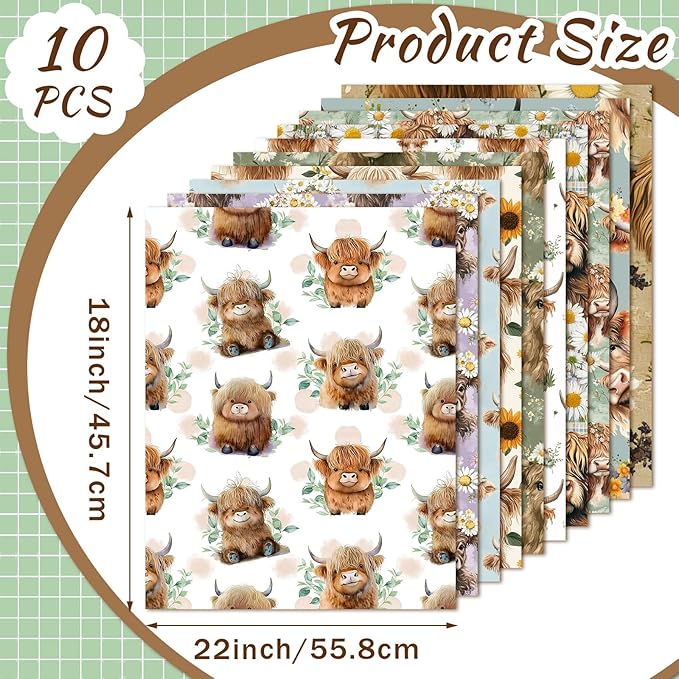 Hahafelt 10 Pcs Highland Cow Quilting Fabric 18 x 22 Inch Square Bundle Highland Cow Precuts Quilted Fabric Multi Color Printed Patchwork Supplies for Summer DIY Sewing Crafts