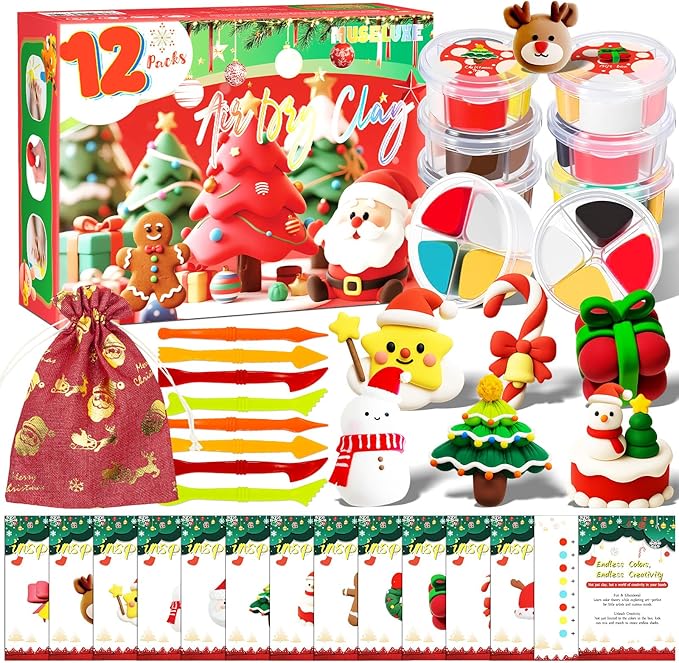 Air Dry Clay - 12 Boxes Christmas Modeling Clay Kit with 8 Sculpting Tools,Safe & Non-Toxic,DIY Magic Gifts Toys for Boys,Girls,Kids