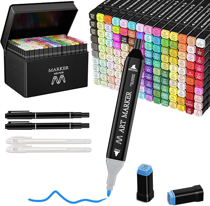 Alcohol Markers, 140+4 Colors Dual Tip Marker for Adult Coloring Books, Art Markers for Kids Adults Sketch Drawing, Marker Set with stand and Carry Case