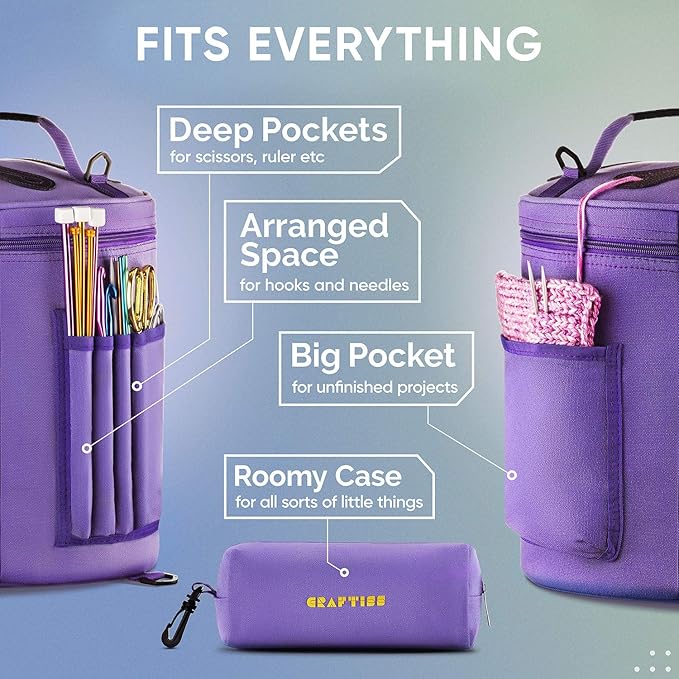 CRAFTISS Knitting Bag Yarn Storage - Christmas Gift - Durable Canvas Yarn Holder for Crochet Accessories - Organizer Crochet Bag with Knitting Accessories Case (Purple)
