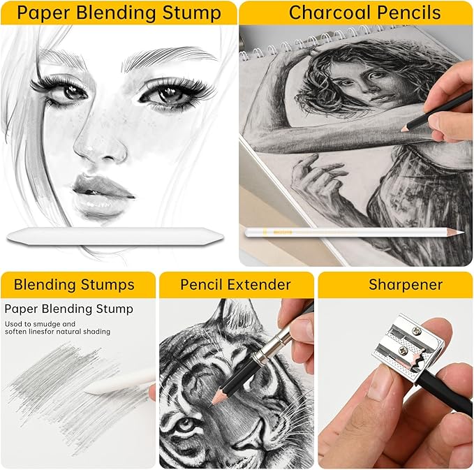 24-Piece Drawing Pencil Set - 14 Graphite Sketch Pencils (14B-4H), 4 Charcoal Pencils, White Charcoal Pencil & Art Supplies, Sketch Pencils for Drawing, Shading, Sketching for Beginners & Artists
