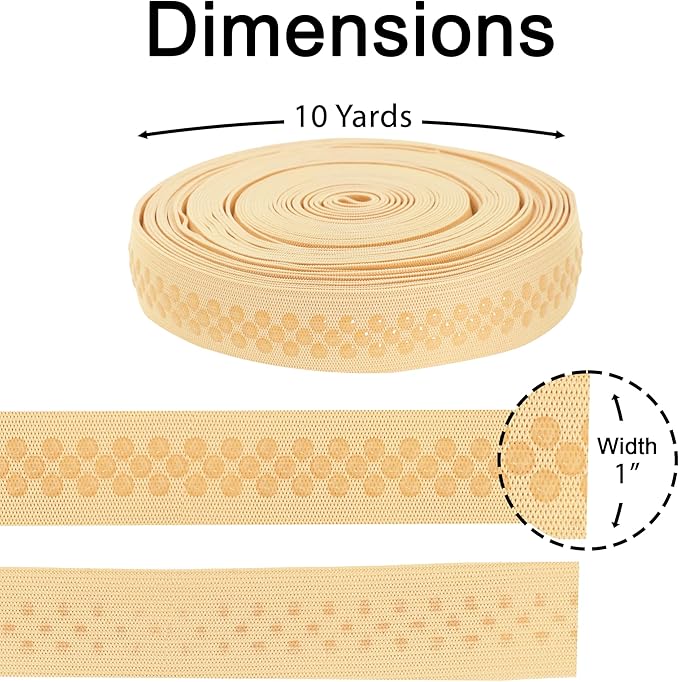 Mandala Crafts 1 Inch Elastic Silicone Gripper Tape for Clothing - 10 Yds Dotted Non Slip Elastic Band for Sewing - Blonde Silicone Flat Fabric Stretchy Ribbon Straps