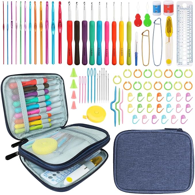 HATINXIA Crochet Hooks, 85pcs Crochet Hook Set with Storage Case, Yarn Crochet Kit for Beginners, Ergonomic Crochect Needles DIY Knitting Accessories Tools for Experienced Crochet Lovers, C1 Blue